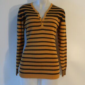 Womens Tween Mustard Yellow Black Brown Wool Blend V-Neck Striped Sweater M